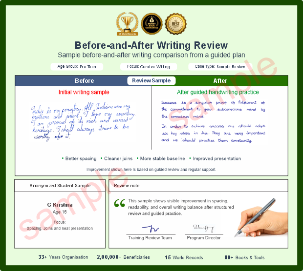 Before-and-after student handwriting sample showing improved spacing, readable letter joins, baseline control and page presentation